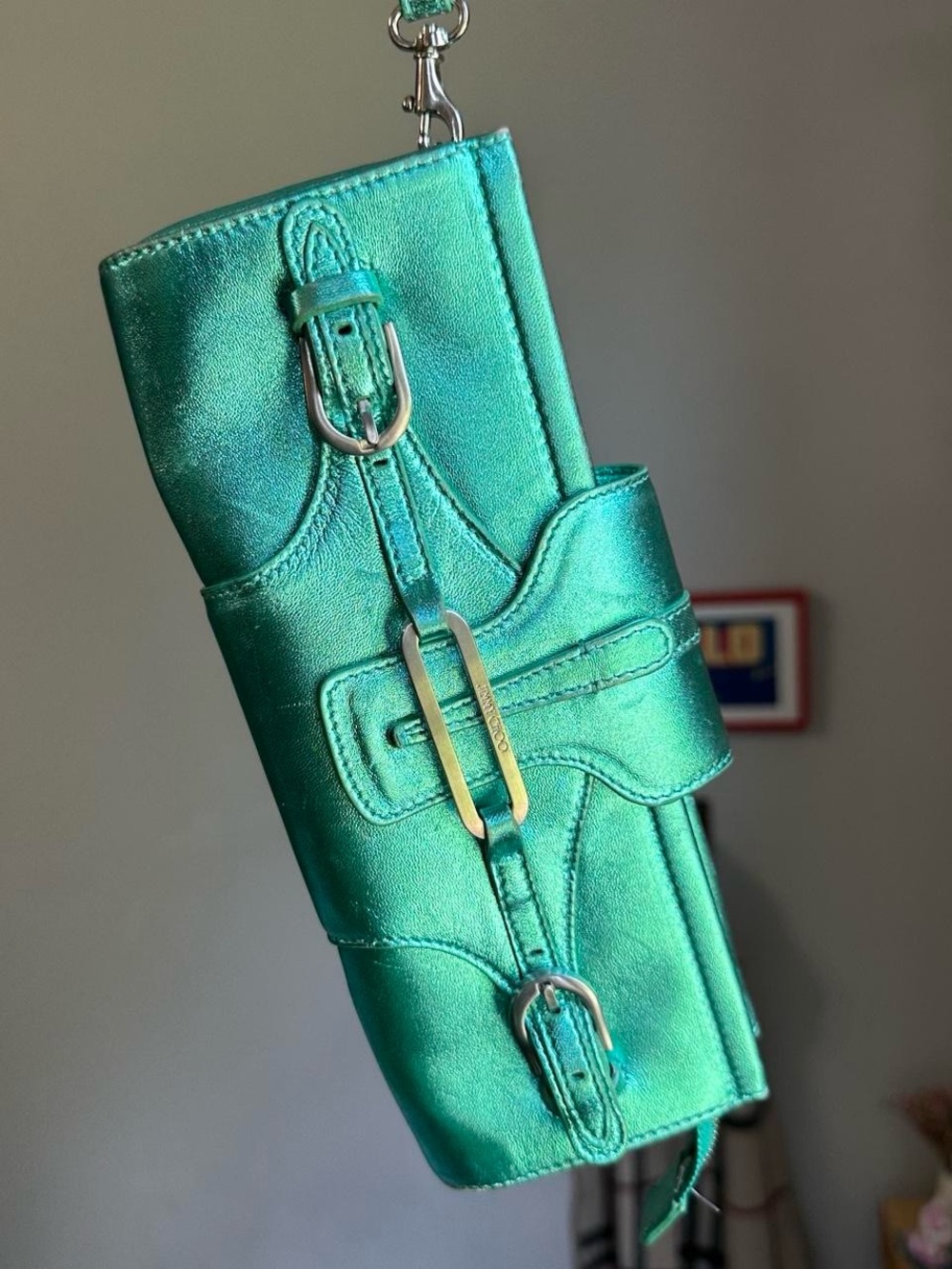 Jimmy Choo Tulita Leather Metallic Blue Clutch
